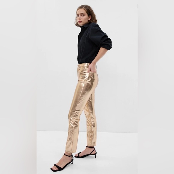 Gap High Rise Vegan Leather Vintage Slim Jeans 26 Tall Champagne Gold NWT - Picture 1 of 10